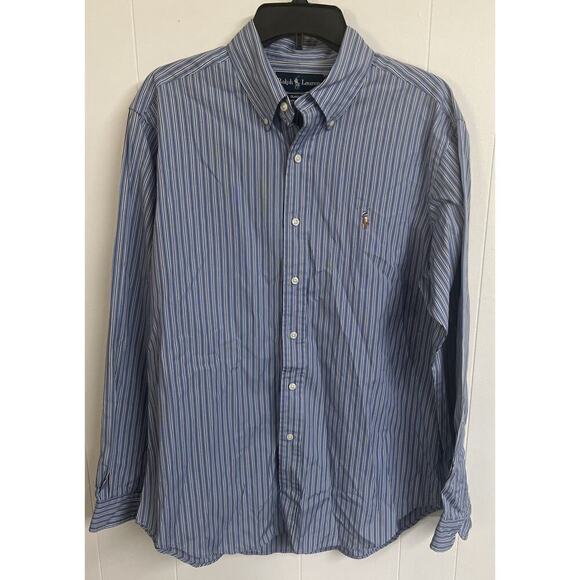 Vtg Ralph Lauren Button Shirt Mens Large Blue Stripe Color Pony Classic Fit Long - Picture 1 of 6